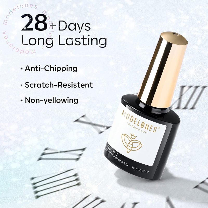 Modelones Glitter Gel Top Coat - Reflective Iridescent Silver Glitter | Long-Lasting No Wipe Nail Polish