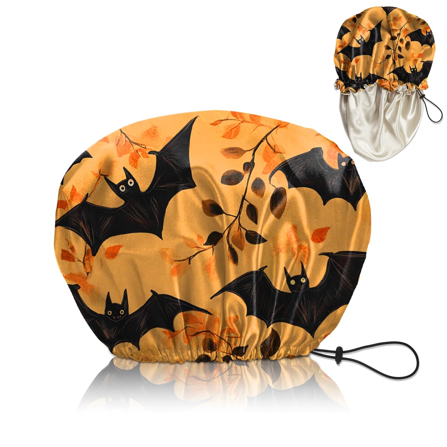 Cabreche Luxury Shower Cap Satin Silk Lined Adjustable Elastic Reusable Waterproof Shower Bath Cap Cute for Women Girls-Orange Bat