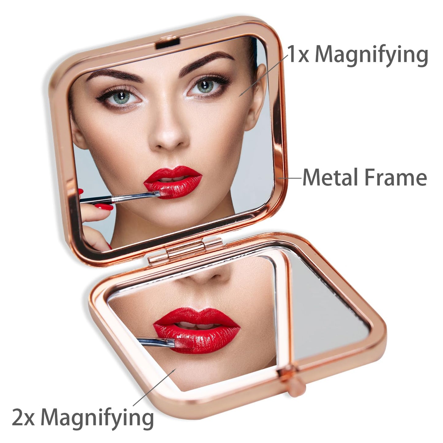 Ximruyuv Pocket Mirror for Women, Rosegold Square 2.8”×2.8” Metal Frame Double Sided Mini Magnifying 1X/2X Pocket Mirror for Men Can be Used as Gifts for Woman (B)