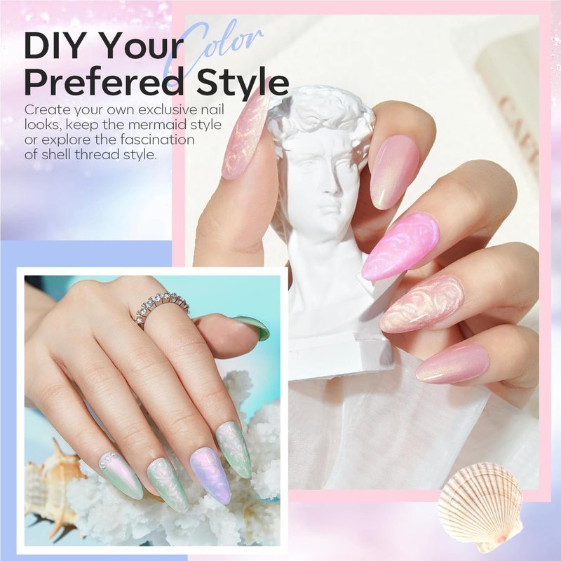 modelones Pearl Gel Nail Polish Set, 6 Colors 2026 Spring Summer Aurora Iridescent Shimmer White Pink Purple Blue Mermaid Nail Glitter Gel Polish LED Swirl Shell Effect with Dotting Pen DIY Gift