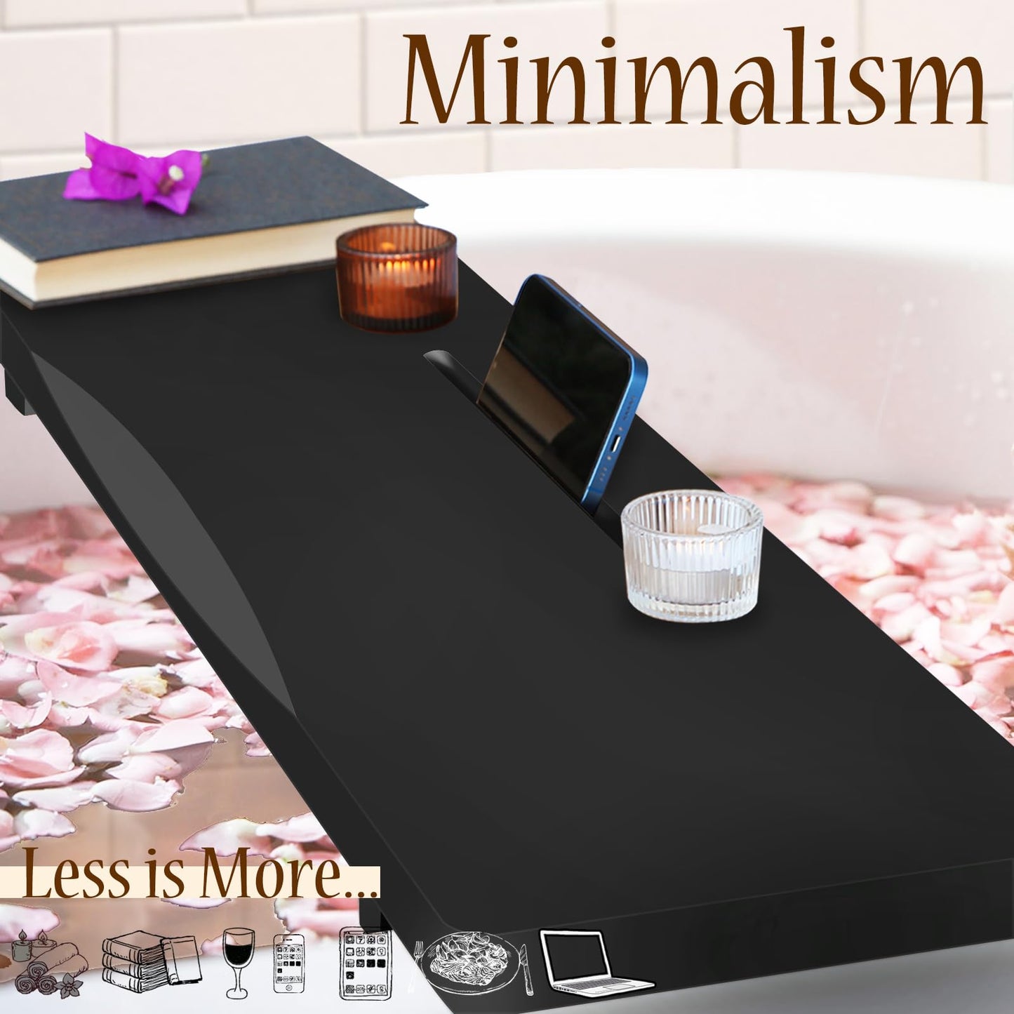 Stylish Black Bamboo Bathtub Tray Caddy with Adjustable Legs, Minimalistic Design Bath Tray for Tub, Bathtub Accessories, Fits Most Free Standing Bath Tubs, Idea for Women
