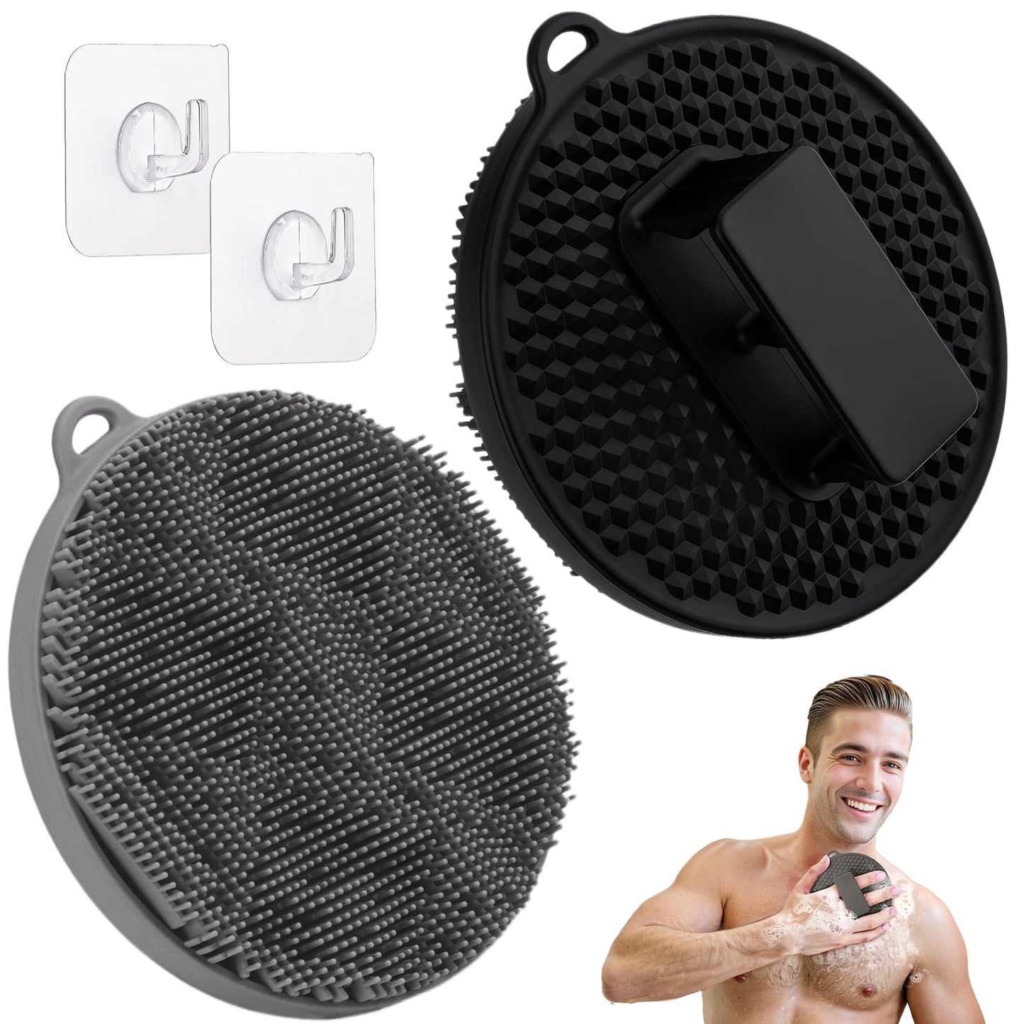 GEENOA Silicone Body Scrubber 2PCS, Exfoliating Body Scrubber Shower Scrubber with Dense Bristles and Comfort Handle, Silicone Loofah Body Buffer for Good-Lathering & Deep-Cleansing(Black+Gray)
