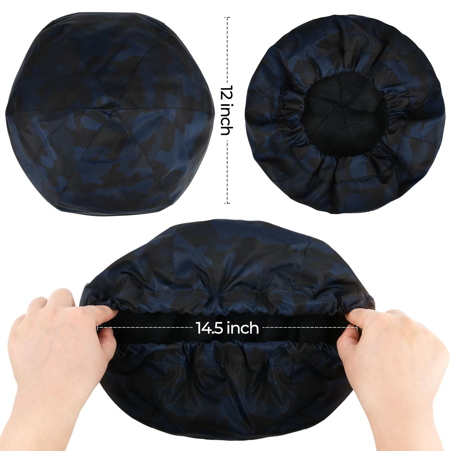 Shower Cap for Men Blue Camouflage Bath Cap, Reversible Large Waterproof Adjustable Shower Caps Terry Lining & Elastic Band Stretch Hem Hair Hat