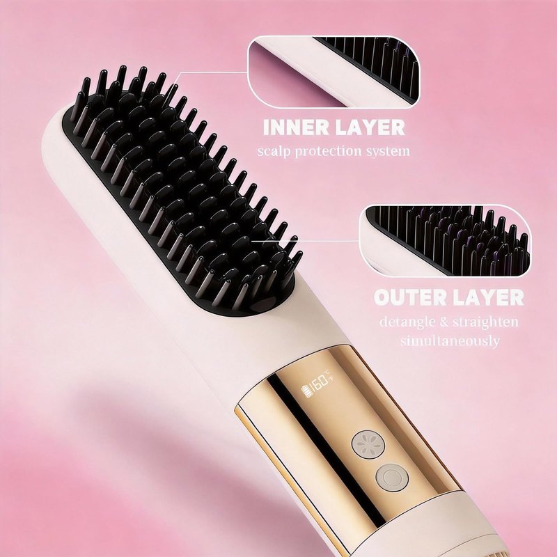 2026 New Go Brush Pro - 3 Temps Portable Cordless Hair Straightener Brush for Travel, 30s Fast Heat & Led Digital Display(°C/°F), Cool Air Setting On the Back (Beige)