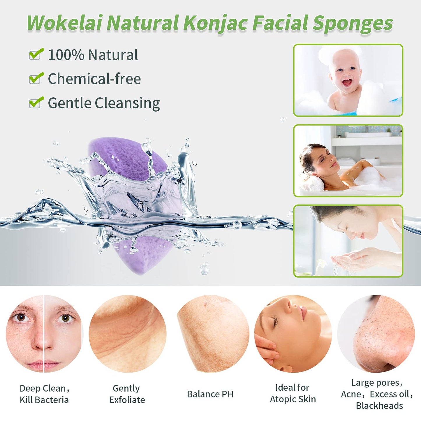 Konjac Facial Sponges for Cleansing Exfoliating - Konjac Face Sponge for Washing Face Body, Natural Cleaning Puff Buff Scrubber for Shower Bath SPA for Babys Men Women