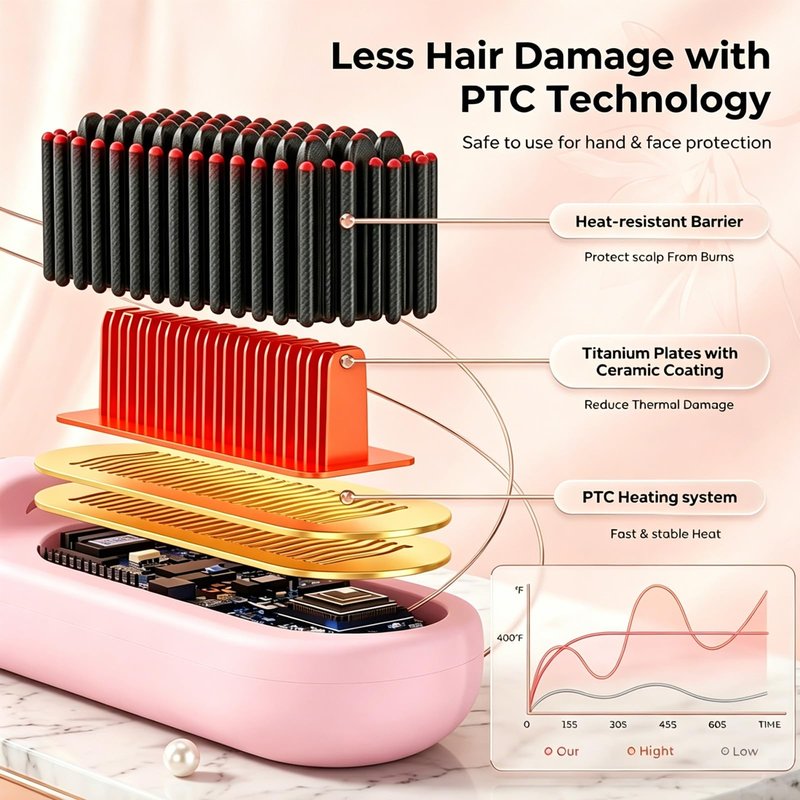 Flown Go Brush Pro for Short Hair, 2026 Upgraded Cordless Hair Straightening Brush for Thin Hair, 4 Temperature Settings, Ionic & Ceramic Care, 4000mah USB-C Rechargeable (Pink)