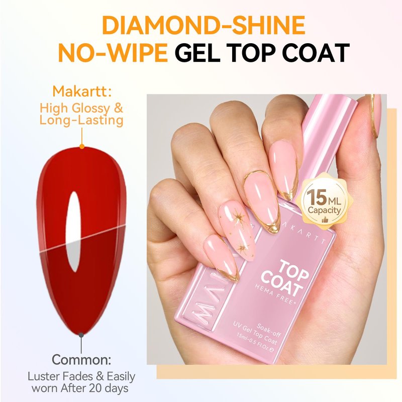 Makartt Hema-Free Gel Top and Base Coat Set: 2 PCS 15ml No Wipe Upgraded Mild Formula Diamond-Shine Long-Lasting Base and Top Coat Gel Nail Polish Soak Off UV LED Lamp Needed Home DIY Gift Women