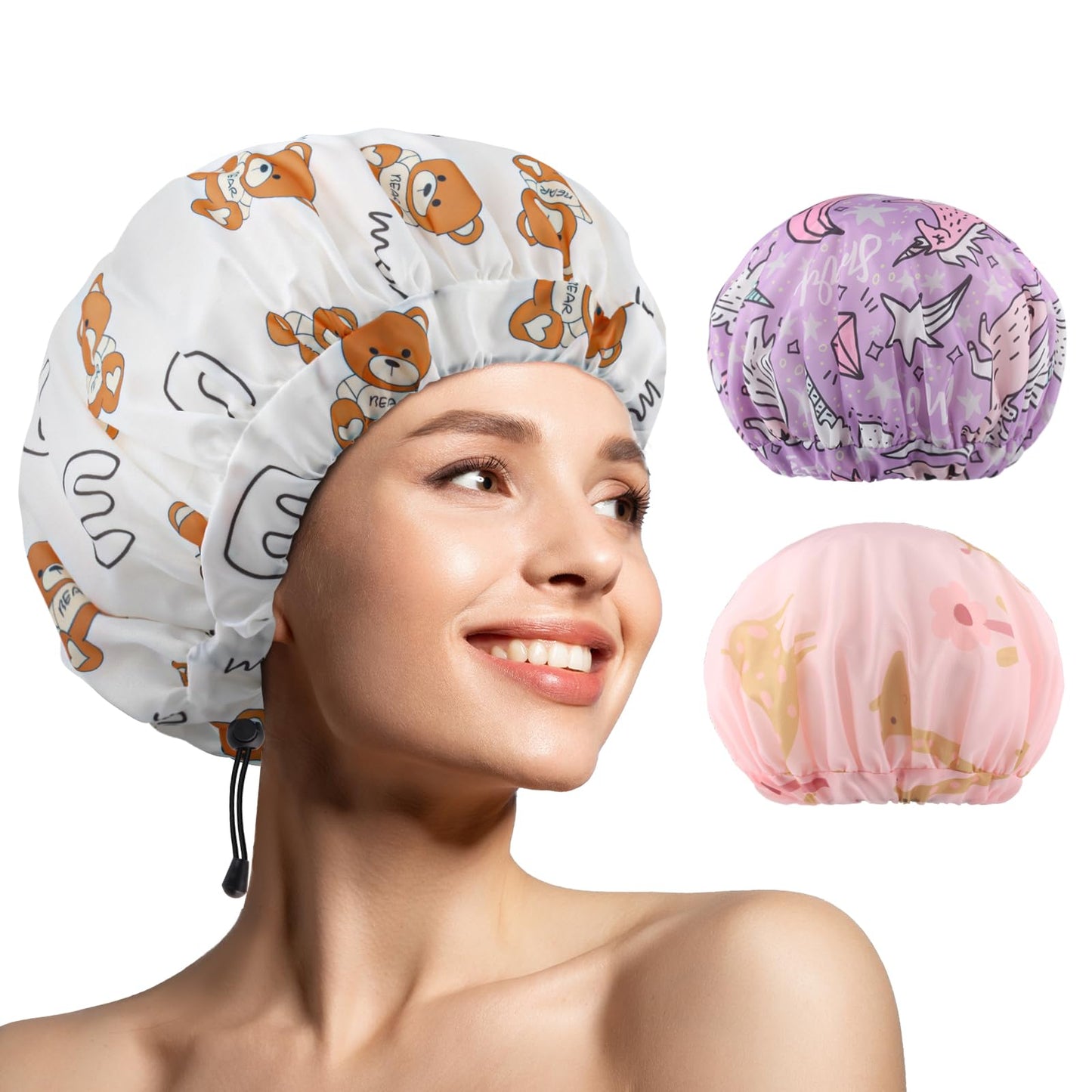 3 PCS Shower Caps for Women, Upgrade Comfortable & Extra Large & Double Layers Waterproof Bath Cap, Oversized Designed Adjustable Hem Hair Cap for All Hair Lengths/Style