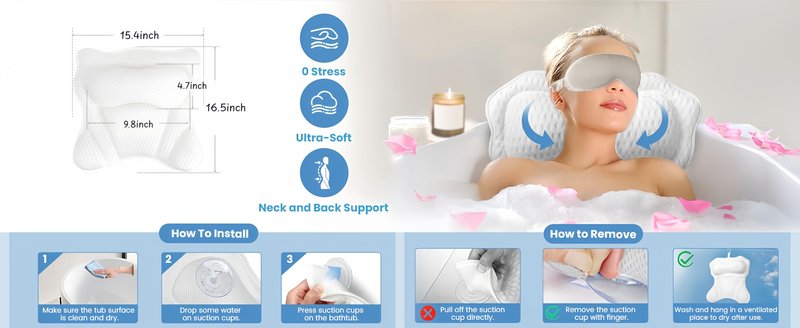LIBRALUX Bath Pillows,Bathtub Pillows for Head and Neck Back Support,Bath Pillows for Tub with Soft 4D Breathable Mesh Fabric and Nonslip Suction Cups,Relaxing Bath Accessories Spa Gifts .(Wave White)