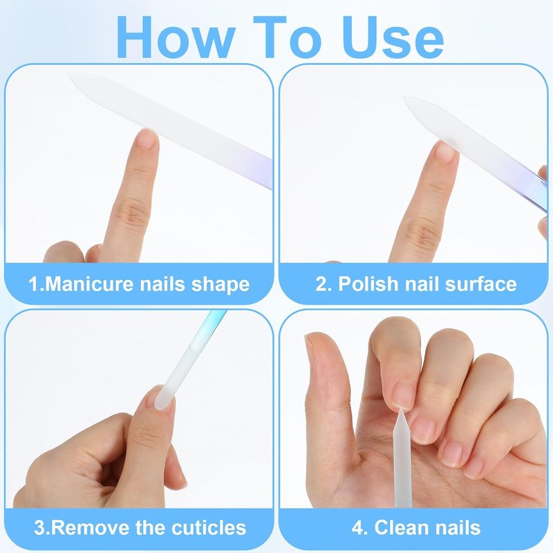 Glass Nail File Set - 4 Pcs Double-Sided Crystal Buffers & Cuticle Pushers | Gradient Blue Manicure Tools