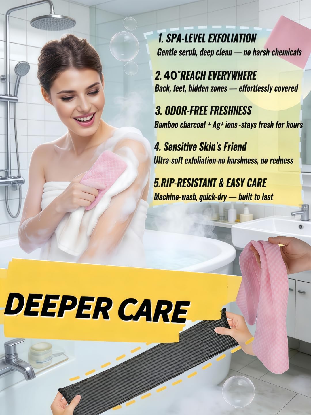 Exfoliating Shower Towel 40",Premium Scrub Wash Cloth for Body Face, Exfoliating Washcloth for Men and Woman(Black+Pink)