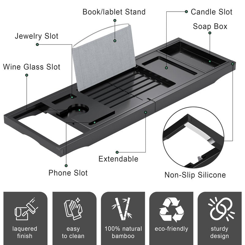 Foldable Bathtub Caddy Tray for Tub,Bamboo Expandable Bath Table Trays,Premium Bathroom Accessories for New Home & Mothers Day & Birthday Gifts for Couples,Black