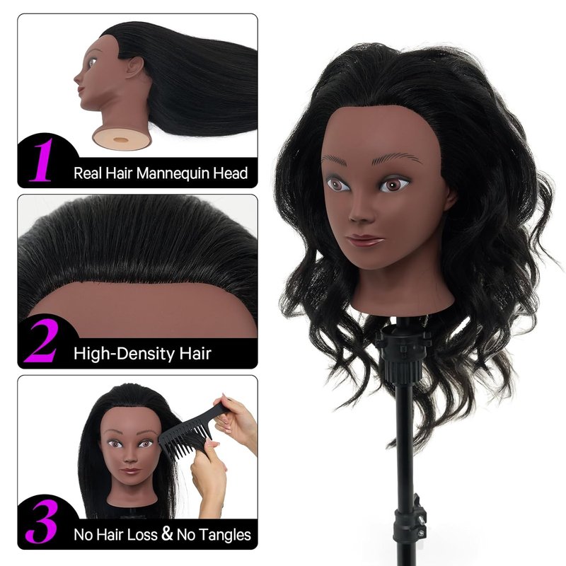 Real Hair Mannequin Head - 18” Human Hair Cosmetology Training Doll for Styling, Dying & Braiding | Black