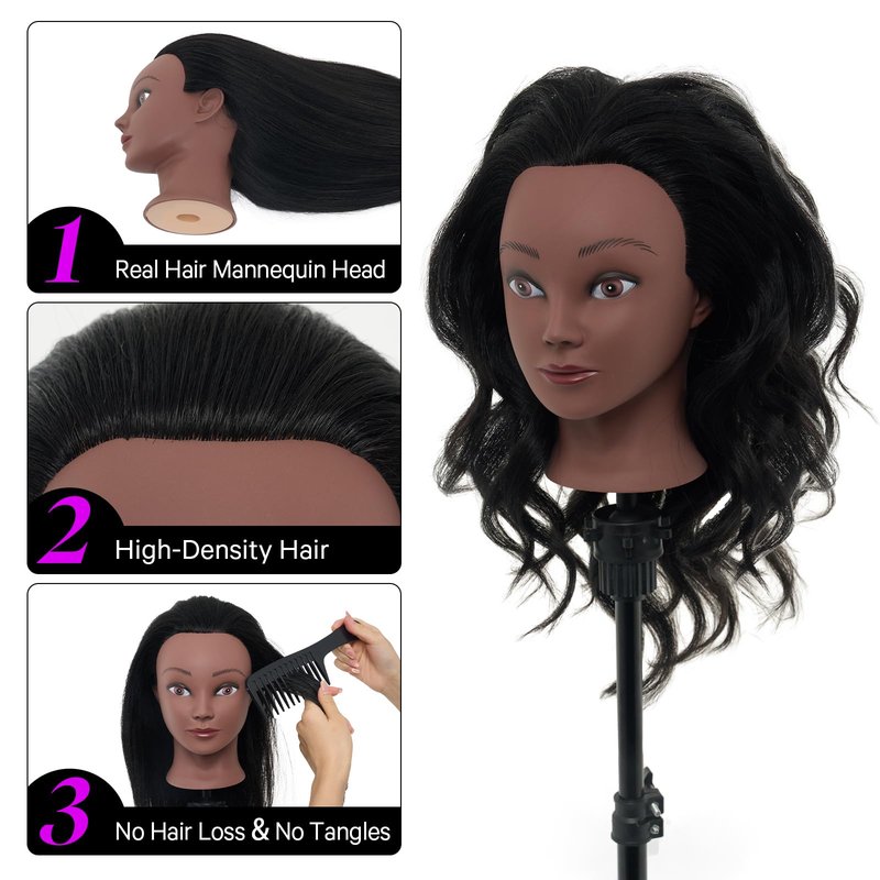 100% Mannequin Head Human Hair,18" Real Hair Mannequin Head,Cosmetology Manikin Doll Head for Hair Styling,Practice Dying, Braiding Curling Training Head with Table Clamp,Black