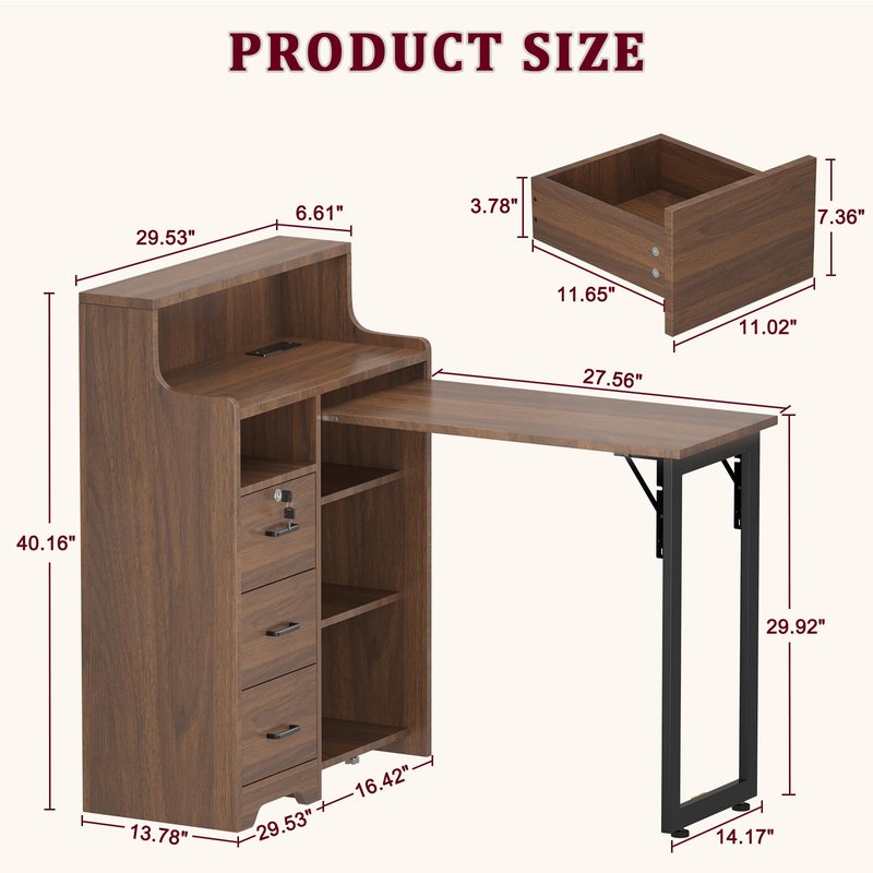DUDUSHIMAN Foldable Nail Desk for Nail Tech, L Shape Manicure Table with Cabinet Drawer & Built-in Charging Station, Portable Nail Table for Beauty Salon Workstation (Brown)
