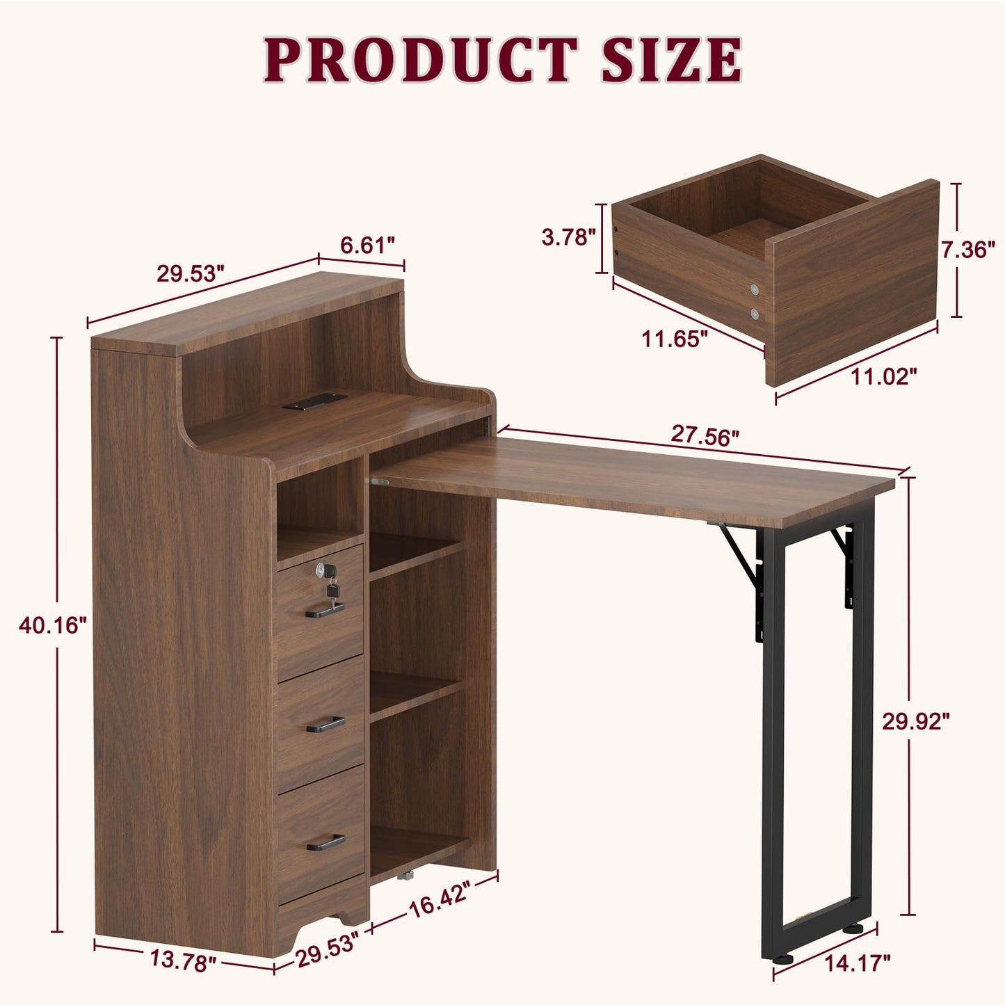 WLLPNG Foldable Nail Desk for Nail Tech, Portable Manicure Table, L Shape Nail Table with Power Outlets & Lockable Drawer & Shelves, Professional Nail Tech Workstation for Home Salon (Walnut)
