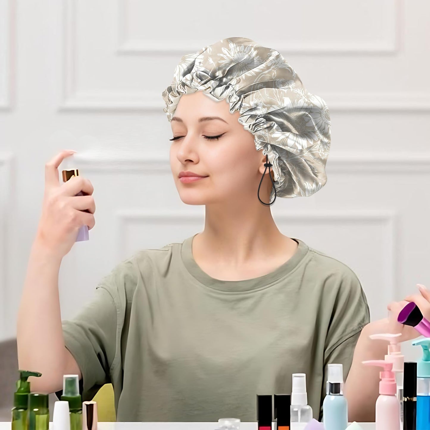 Cabreche Luxury Shower Cap Satin Silk Lined Adjustable Elastic Reusable Waterproof Shower Bath Cap Cute for Women Girls-Golden Sunflower