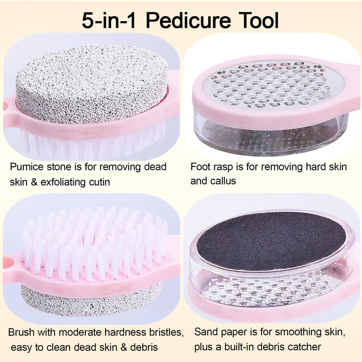 YIOYOODA Foot Scrubber Brush with Pumice Stone for Feet, 5-in-1 Foot File Callus Remover, Stainless Steel Feet Scraper, Cleaning Brush and Sand Paper Debris Catcher, Multi Purpose for Home Foot Care