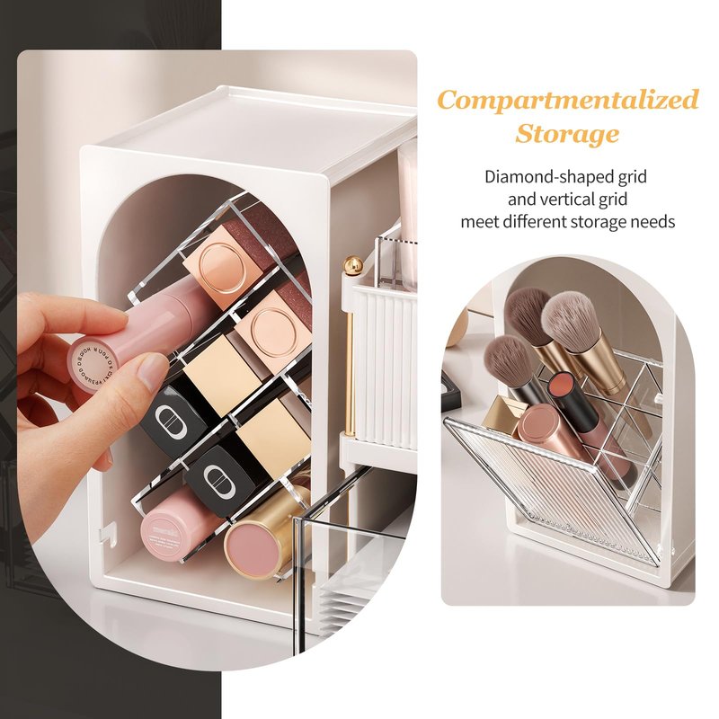 CVGETME Makeup Organizer for Vanity with Brush Holder, Large Bathroom Countertop Cosmetic Organizer Skin Care Storage, Easy to Store Lipsticks, Nail Polishes, Perfumes (White+Transparent)