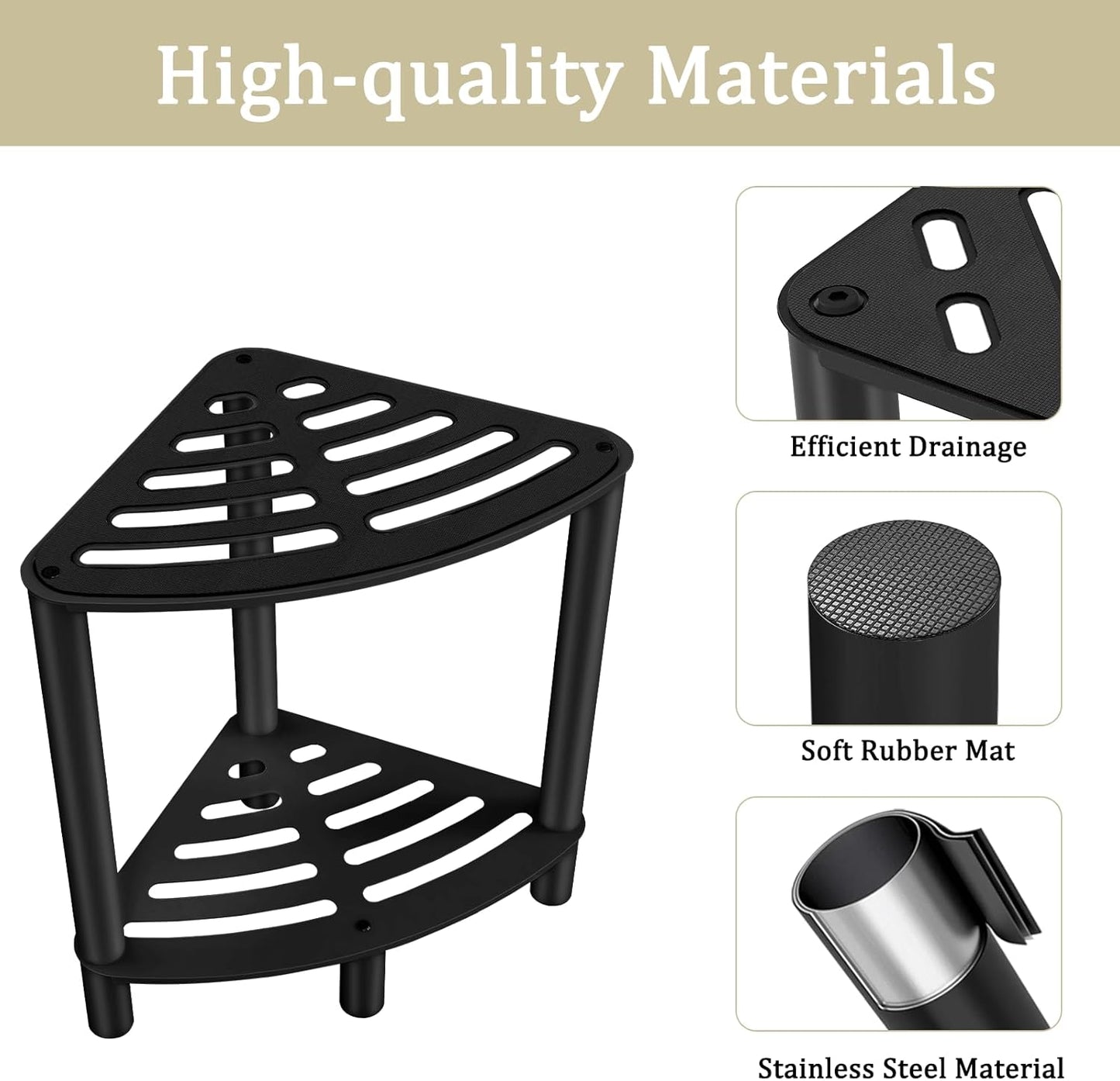VOTZAAQ Stainless Steel Shower Stool - Double Layer Corner Bench | Matte Black Foot Rest for Small Bathrooms