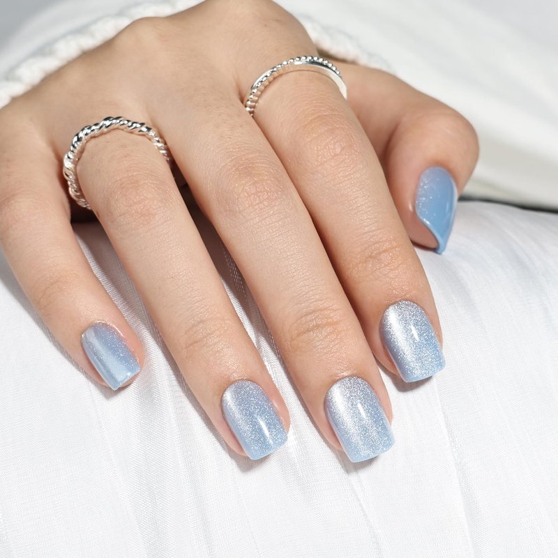 Leefrei Press On Nails, Short Square Blue Press on Nails Arctic Glazed Nails Press Ons for Women DIY Fake Nails Kit with Glue, Glossy Reusable Glue on Nails Short in 15 Sizes - 30pcs, Arctic Glaze