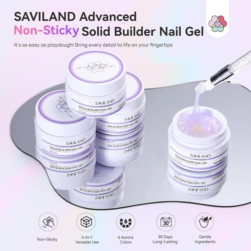 SAVILAND Advanced Solid Builder Nail Kit - 6PCS Aurora Colors | 30-Day Long-Wear Sculpting Gel for Professional Nail Art