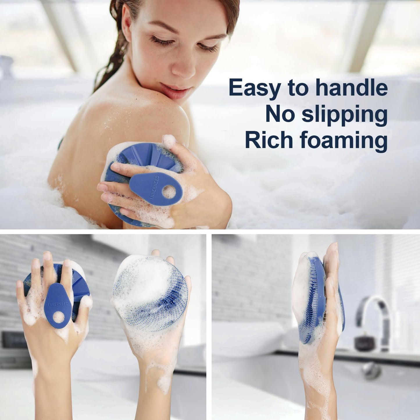 INNERNEED® More Hygienic Silicone Body Scrubber Exfoliating & Massaging Shower Brush, Bathing Tool, for All Skin Types, Lathers Well, Longer Service Life (Dark Blue)