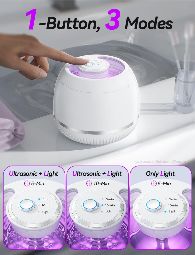 Beser Ultrasonic Retainer Cleaner, 2X Clean, Dental Retainer Machine Pod for Aligner, Nightguard, Mouth Guard, Denture, Oral Dental Care, IPX6, 200ML (White)