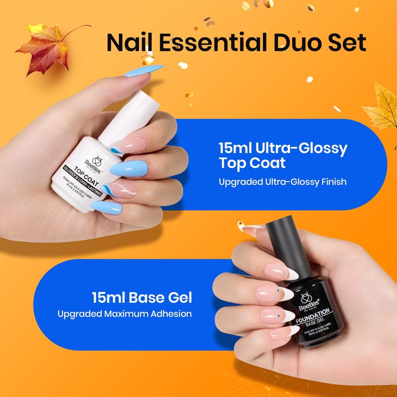 Beetles 2Pcs 15ml Base and Top Coat Set - Upgrade No Wipe Extra Glossy Gel Top Coat Finish & 15ml Nail Dehydrator and Primer - Acid Free & Hema-Free Natural Prep Dehydrate and Bond Primer
