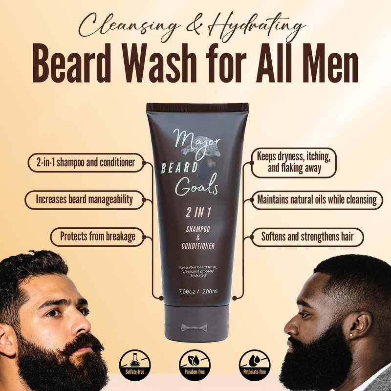 Major Beard Goals: 2-in-1 Beard Wash & Conditioner for Men - Gentle Men’s Shampoo for Beard Care & Growth, Softens, Soothes, Hydrates, & Nourishes Facial Hair, With Natural Ingredients - 7oz