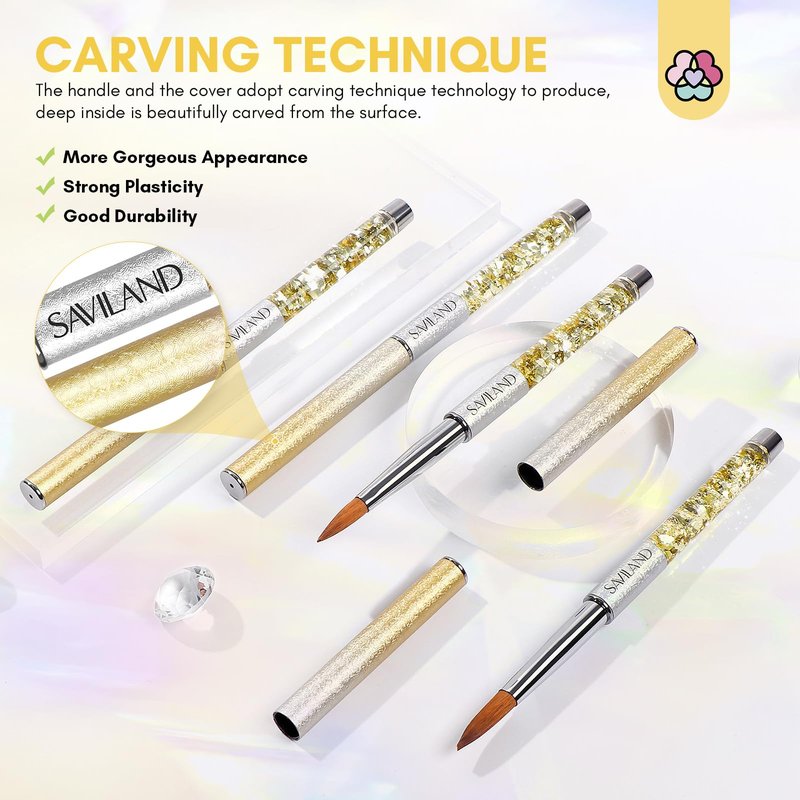 Saviland Professional Acrylic Brush Set: Powder Brushes for Application, Size 6 10 12 16, Art Extension, 3D Carving With Starter Supplies, Tweezers, Table Mat