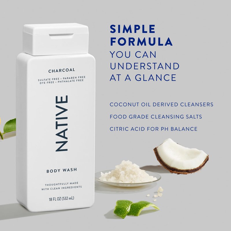 Native Body Wash Contains Naturally Derived Ingredients | For Women & Men, Sulfate, Dye, & Paraben Free Leaving Skin Soft and Hydrated | Charcoal 18 oz (Pack of 2)