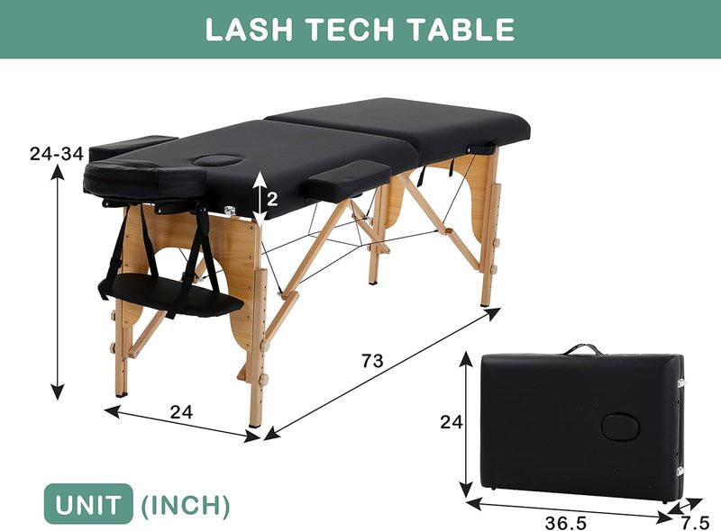 Portable Massage Table - 24-Inch Wide Height Adjustable Spa Bed | 73-Inch Tattoo & Lash Bed with Carry Case & Face Cradle