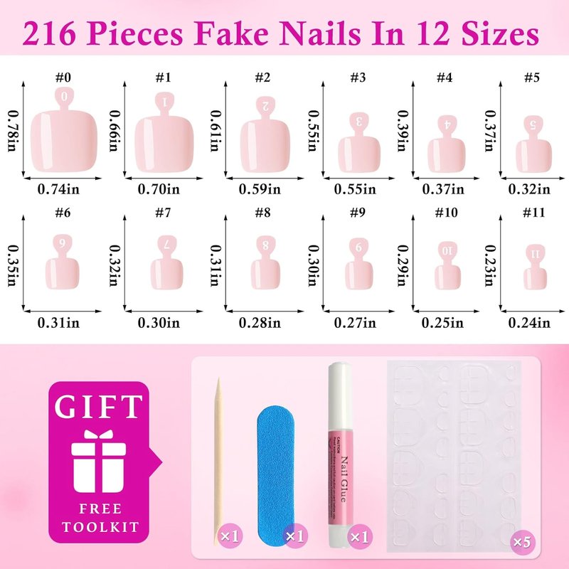 Dark Nude Press-On Toenails for Women - 144pc Square Fake Toenail Kit with Glue Tabs