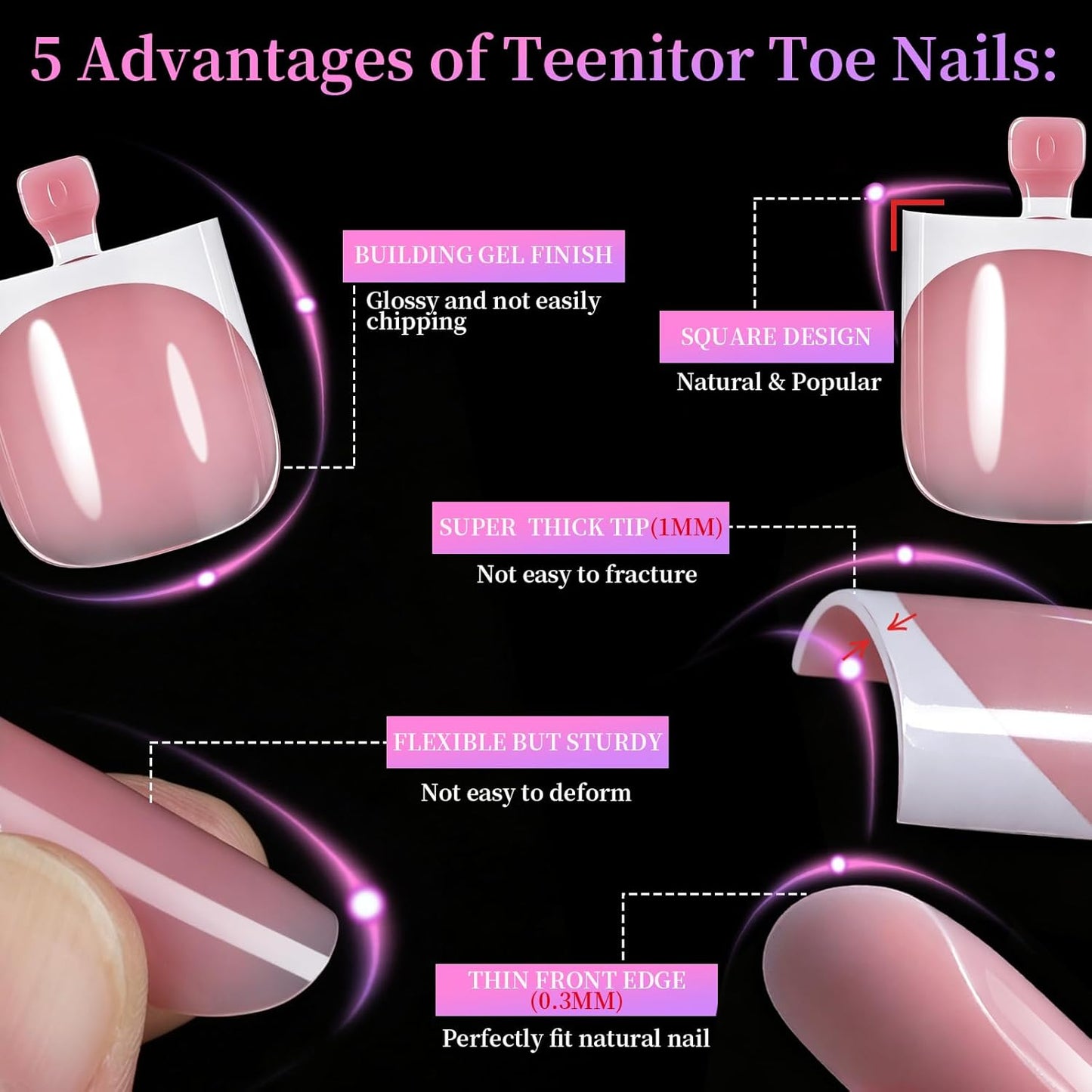 Square Toe Press-On Toenails - 150pcs French Tip Fake Nails with Glue | 15 Sizes & DIY Nail Charms
