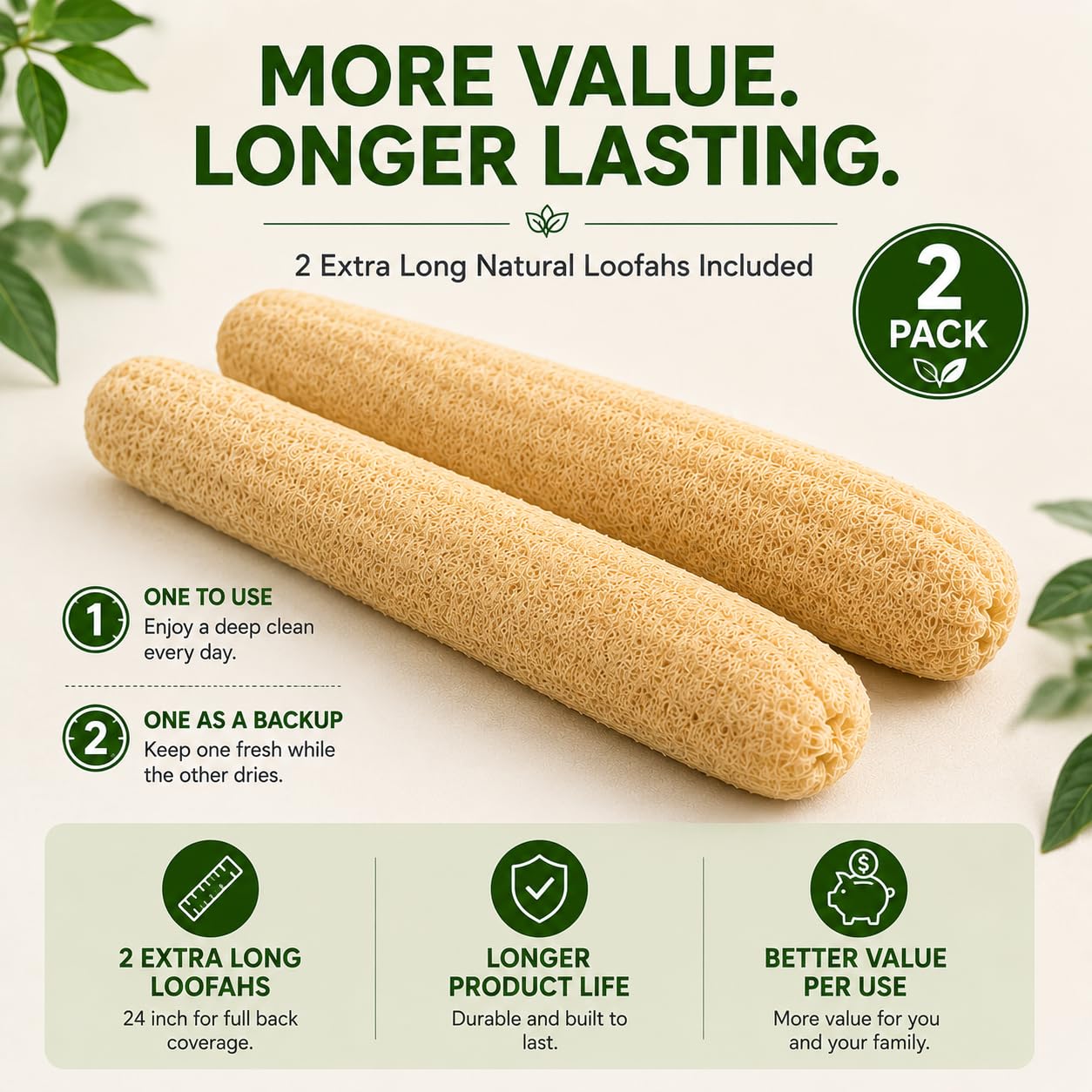 VEROMOVE Extra Long Natural Loofah Sponge, Dried Luffa Shower Sponge, Cut-to-Size Plant Fiber Body Scrubber for Exfoliating