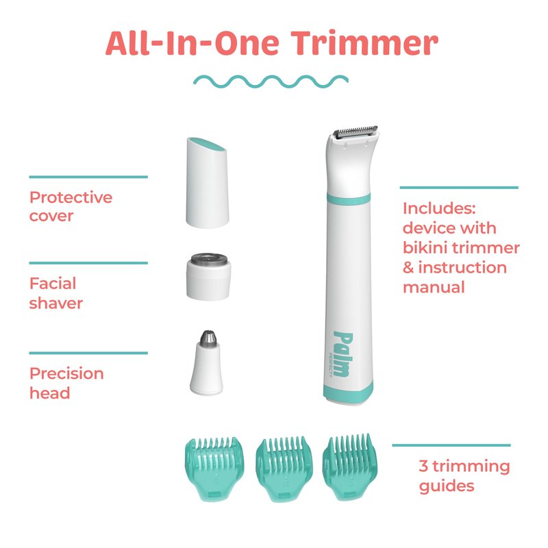 PalmPerfect All-in-One Personal Trimmer for Women – 3-in-1 Facial Hair Remover & Eyebrow Shaper – Wet/Dry Waterproof Grooming Kit with Rotary, Reciprocal & Precision Attachments