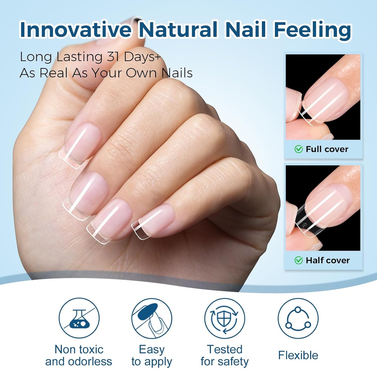 TOMICCA Extra Short Square Nail Tips - 240pcs Soft Gel Full Cover Clear Fake Nails for Beginners & Pros