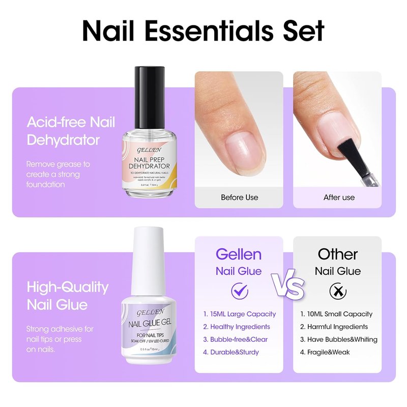 Gellen Gel Nail Glue - Strong Adhesive for False Nail Tips | 15ml Acid-Free Dehydrator & Clear Press-On Nails