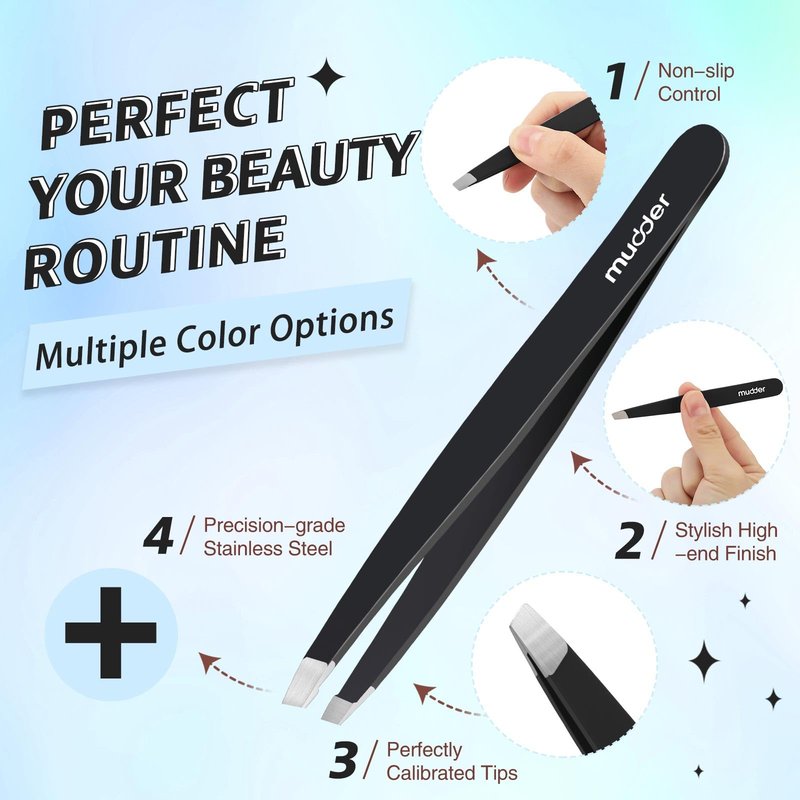 Mudder 12 Pcs Eyebrow Tweezers Set for Facial Hair Stainless Steel Slanted Tip Tweezers in Bulk for Men and Women(Black)