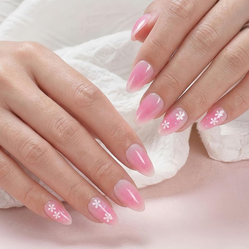 Pink Ombre Press-On Nails - Medium Almond 24 Pcs | Glossy Gradient Floral & Glitter Designs, Reusable Manicure Kit for Women & Girls
