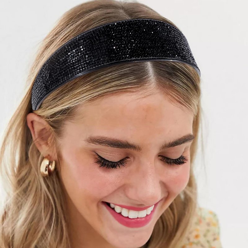 Amariver Black Rhinestone Sparkly Glitter Crystal Beaded Wide Bling Jeweled Headband Hair Accessories for Women and Girls