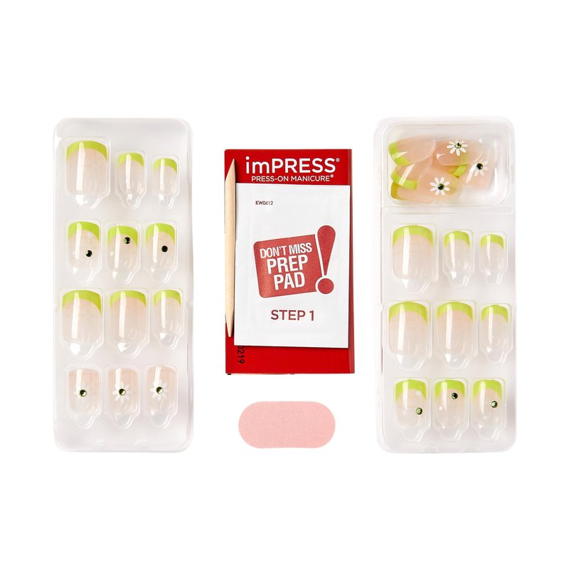 KISS Impress No Glue Mani 30 Pcs Press on Nails, Green French Tip with Flower Design, Squoval Shape, Simple Peel & Press Easy Apply, Hassle-Free Removal, Essential Tools Included