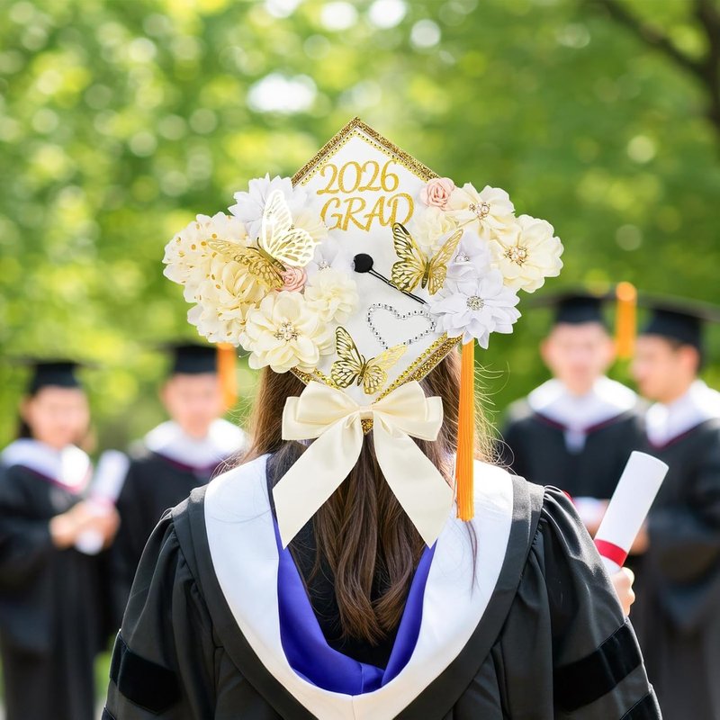 Graduation Cap Decorations Kit 2026 DIY Cap Decorations 36PCS Included Fake Flowers Heads Bow 3D Butterfly Self Adhesive Rhinestones Stickers Alphabet Letter Stickers for Grad Party Decor, White