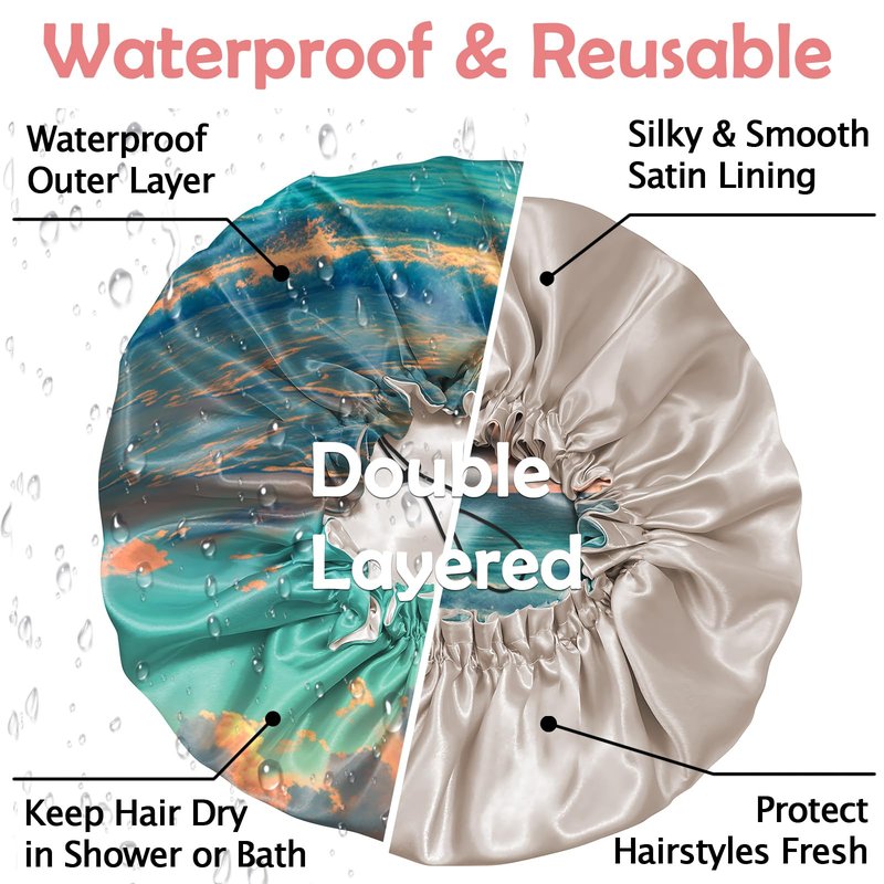 Cabreche Luxury Shower Cap Satin Silk Lined Adjustable Elastic Reusable Waterproof Shower Bath Cap Cute for Women Girls-Beach
