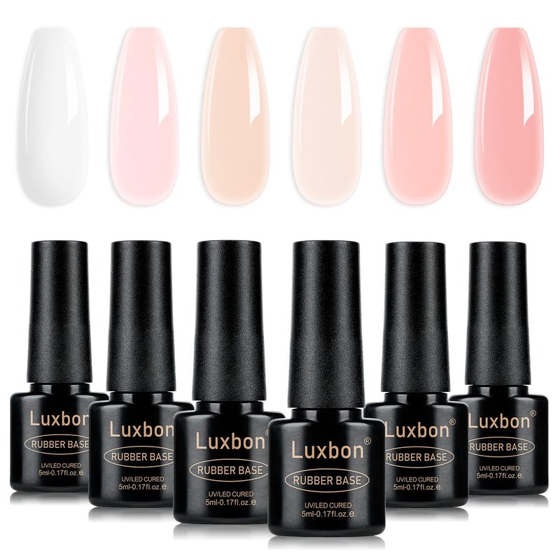 Luxbon 5-in-1 Rubber Base Color Gel Nail Polish Set - 6 Colors, Self-Leveling Nude & Pink Shades for UV LED Soak Off | Perfect Gift for Women