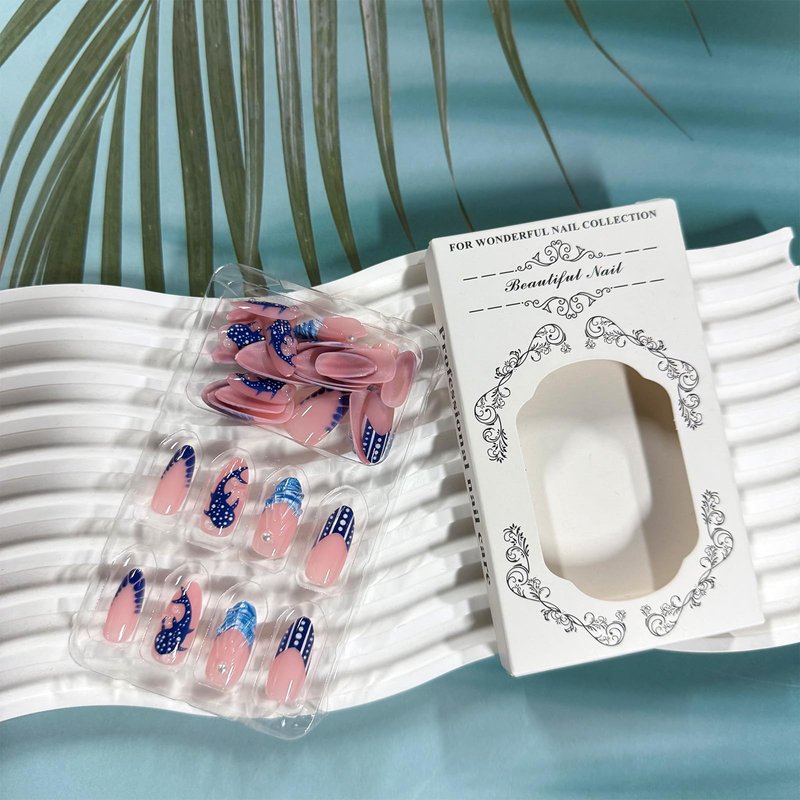 3D Ocean Shark Press on Nails, Blue French Tip Fake Nails with Polka Dot Designs, Almond Shape Glossy False Nails for Women, 30Pcs Artificial Stick on Nails for Daily Party Beach Vacation