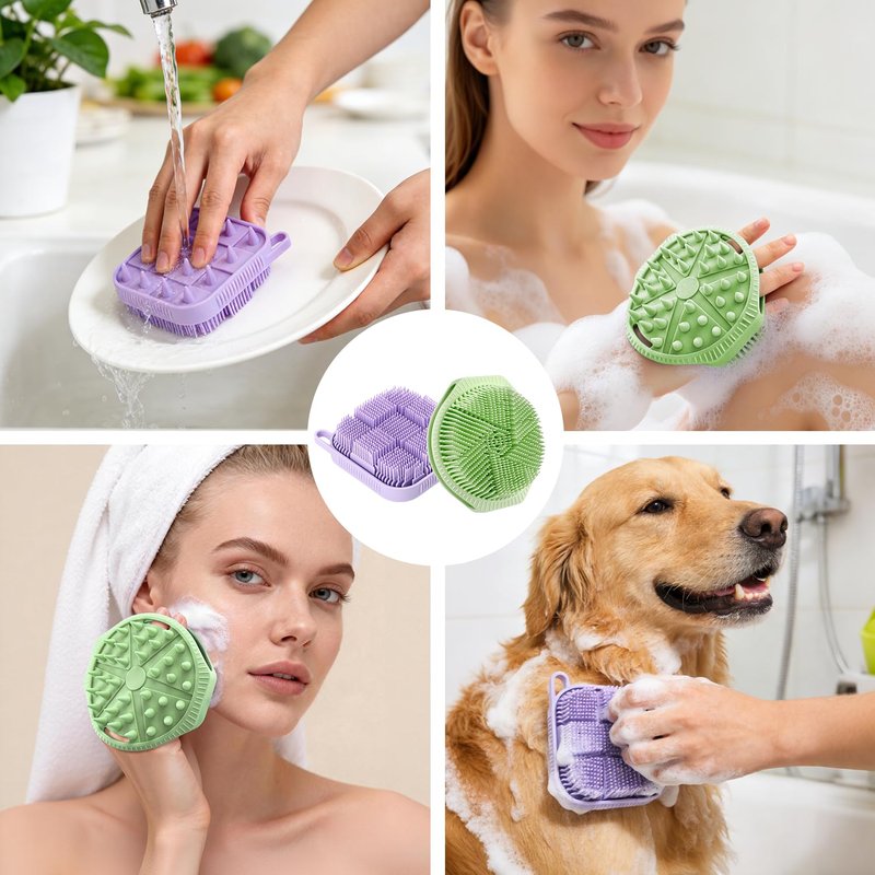 Mabnuby 2 Pack Silicone Body Scrubber, Exfoliating Silicone Loofah Shower Scrubber for Men & Women, 2-in-1 Food-Grade Antibacterial Dual-Sided Bath & Shampoo Brush for Sensitive Skin, Purple + Green