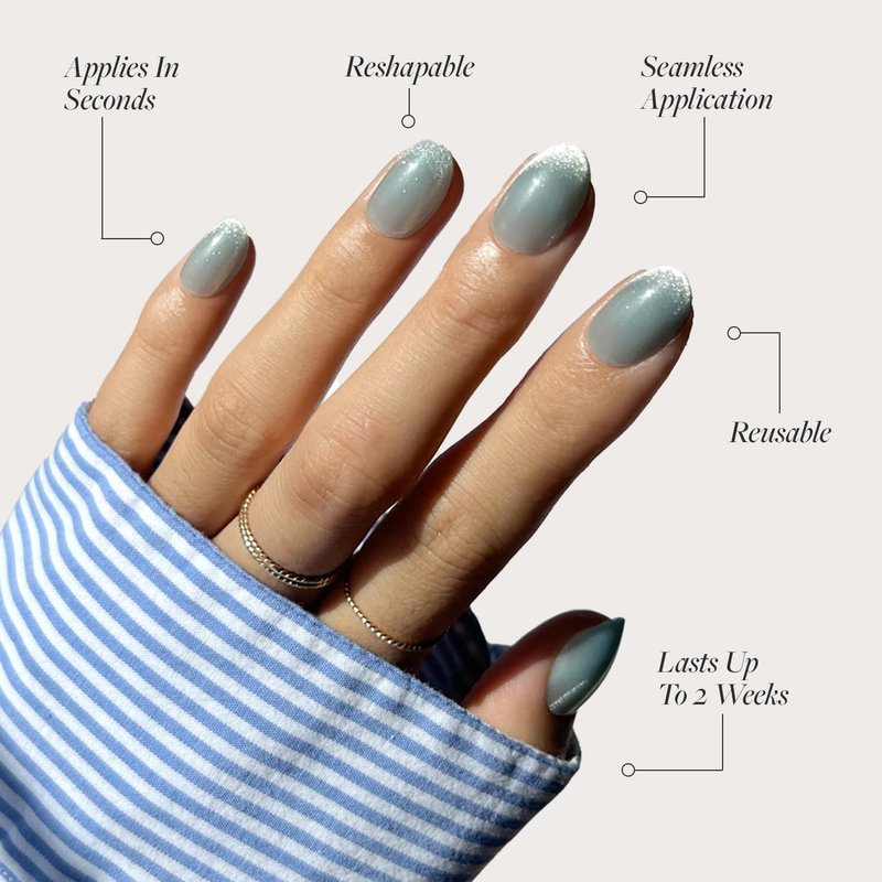Glamnetic Press On Nails - Unicorn Tears | Short Oval Misty-Grey Nails with Metallic Finish | 30 Nail Kit with Glue
