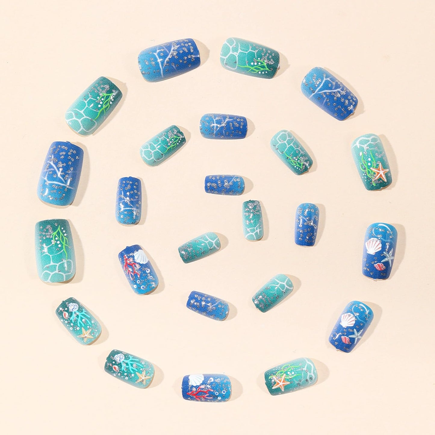 Summer Ocean Press on Nails Medium Square, Gradient Blue Fake Nails with 3D Shell Starfish Coral Designs Glitter False Nails, 24Pcs Glossy Acrylic Stick on Nails for Beach Vacation Daily Wear